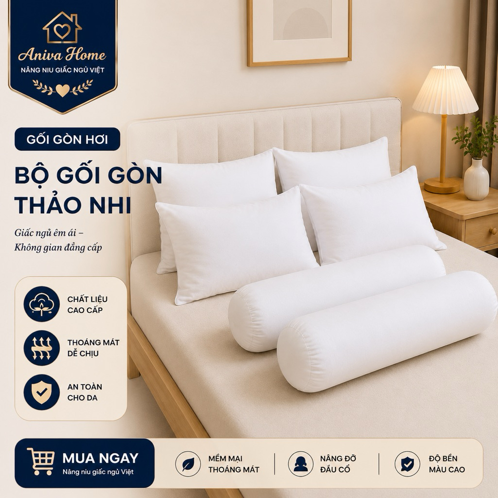Gối nằm và gối ôm gòn Thảo Nhi Aniva Home, êm ái, mềm mại, nâng đỡ cơ thể, thoải mái giấc ngủ