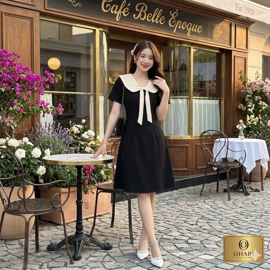 Đầm thiết kế cổ nơ dáng chữ A, Đầm công sở dáng cổ sen dáng xòe tiểu thư Ohari House