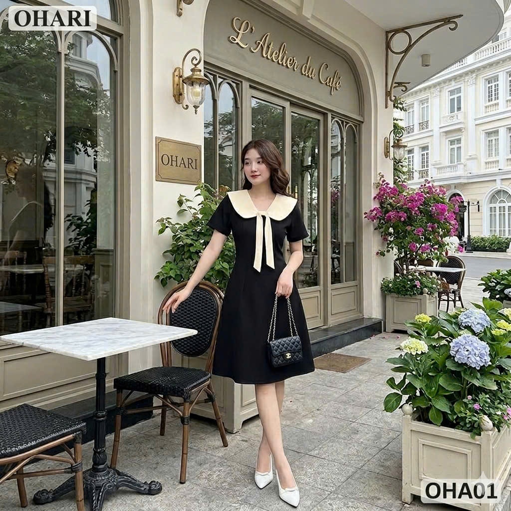 Đầm thiết kế cổ nơ dáng chữ A, Đầm công sở dáng cổ sen dáng xòe tiểu thư Ohari House
