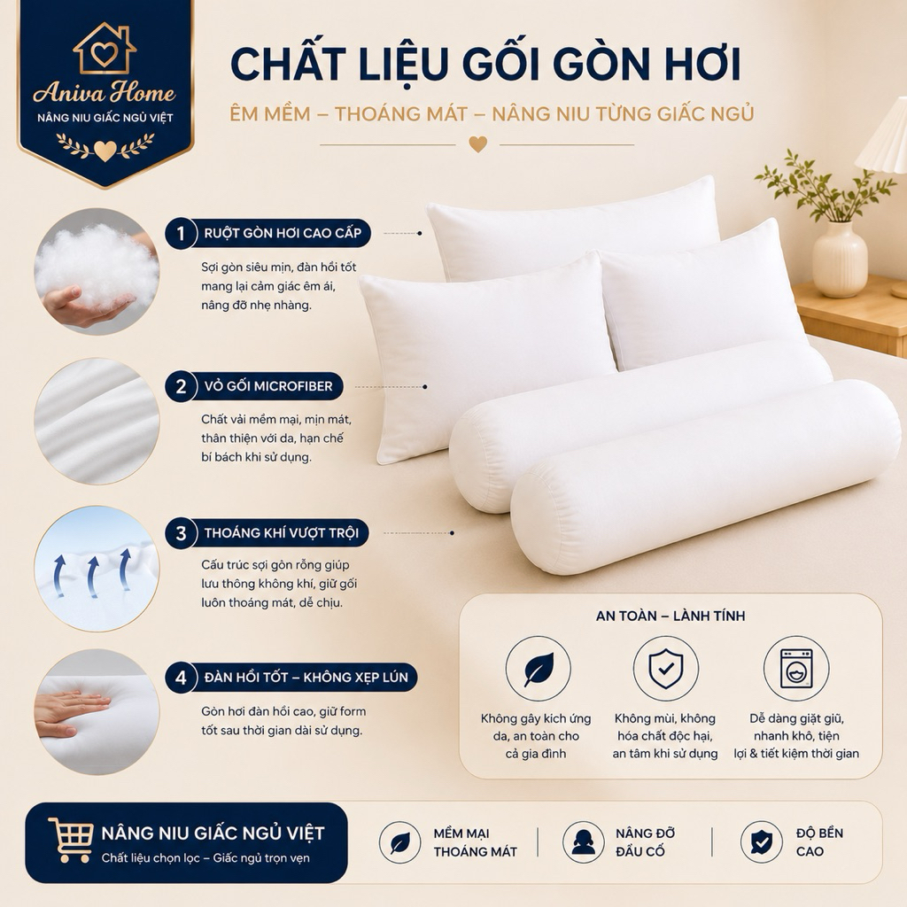 Gối nằm và gối ôm gòn Thảo Nhi Aniva Home, êm ái, mềm mại, nâng đỡ cơ thể, thoải mái giấc ngủ