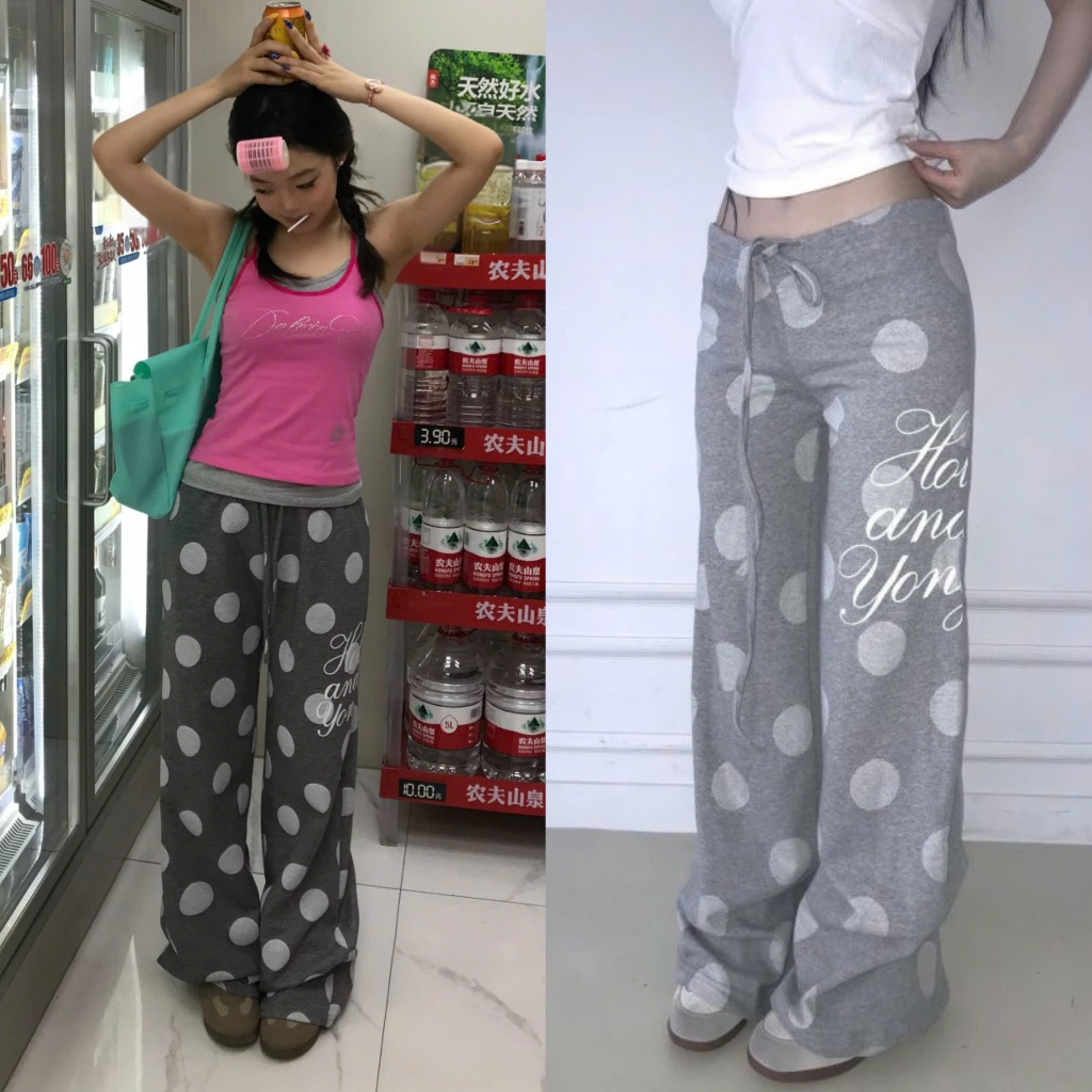 (sẵn đen S) Quần vải suông cạp trễ chấm bi màu ghi đen chữ hot and young lưng chun dây rút QV015 - Tiktik