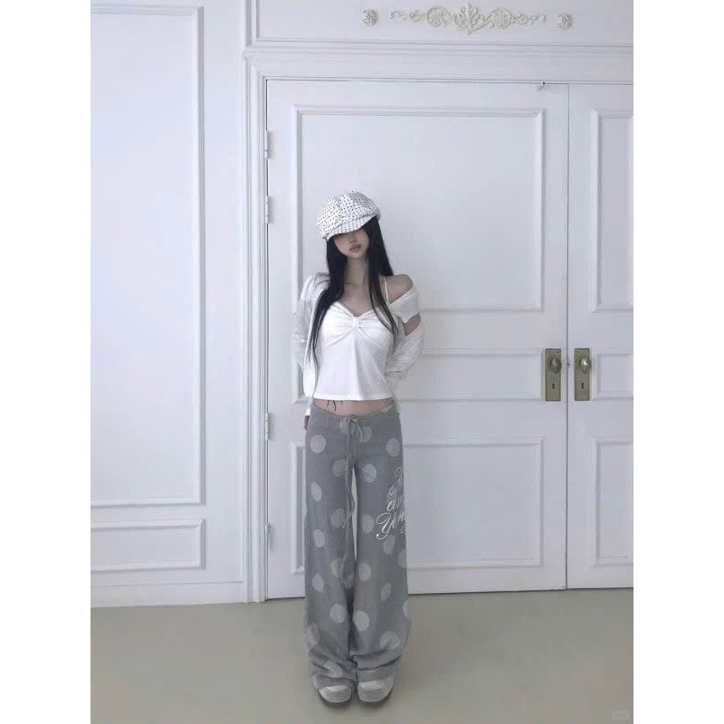 (sẵn đen S) Quần vải suông cạp trễ chấm bi màu ghi đen chữ hot and young lưng chun dây rút QV015 - Tiktik