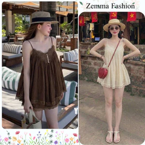 Váy hai dây dáng ngắn babydoll phối ren đính khuy ngọc đầm voan tơ xòe rộng đi biển HCOM27366