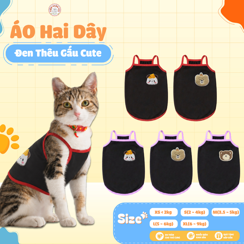Áo Hai Dây Đen Thêu Gấu Cho Thú Cưng, Cute Đáng Yêu Chất Liệu Thoải Mái Thoáng Mát