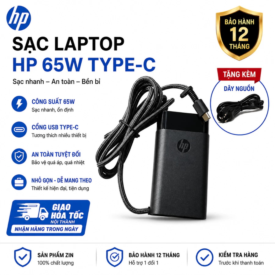 Ảnh sạc laptop HP 65W đầu USB-C kèm dây nguồn