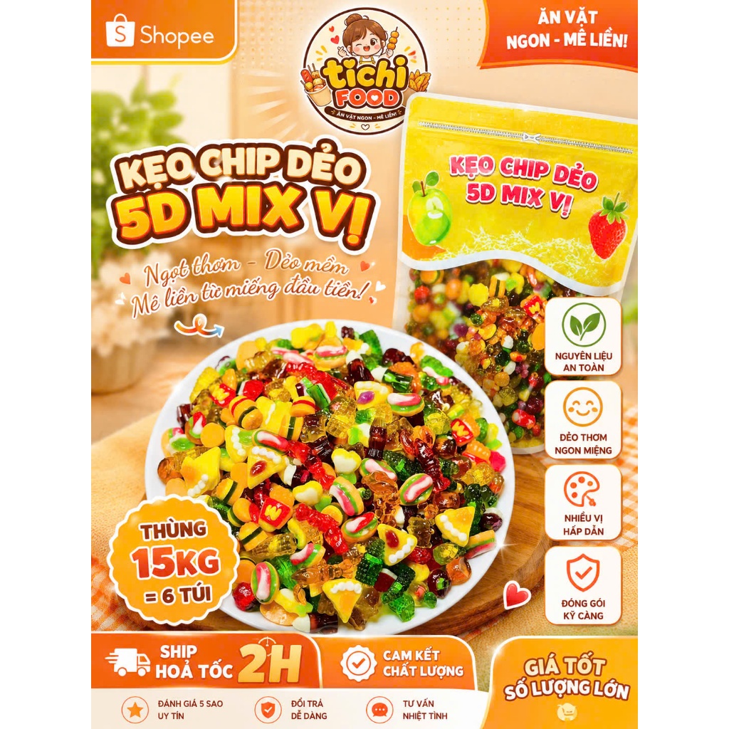 Kẹo Chip Dẻo 5D Mix Vị Nhiều Hình Ngộ Nghĩnh - Kẹo Dẻo Trái Cây Ăn Vặt Thơm Ngon, Đóng Gói Cẩn Thận