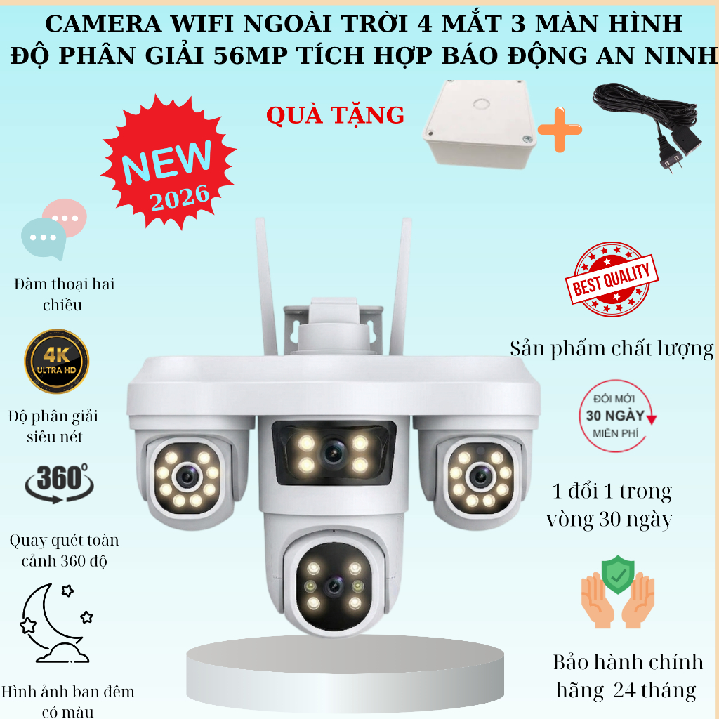 [TẶNG DÂY NỐI 3 MÉT] Camera WIFI 390EYES 4 MẮT 3 KHUNG HÌNH Ngoài Trời độ phân giải 56MP BẢN CAO CẤP