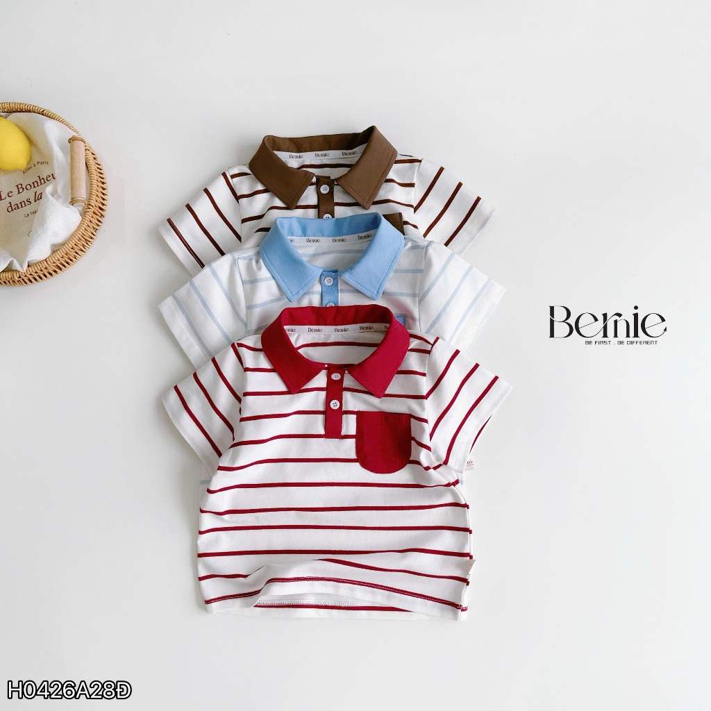 Áo polo cổ đức họa tiết kẻ ngang phối túi ốp, áo polo cotton cổ đức bé trai mềm mát