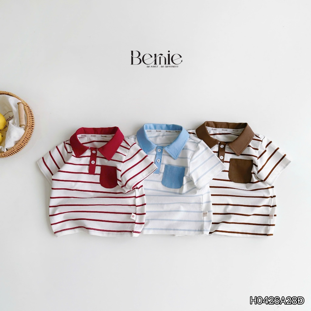 Áo polo cổ đức họa tiết kẻ ngang phối túi ốp, áo polo cotton cổ đức bé trai mềm mát