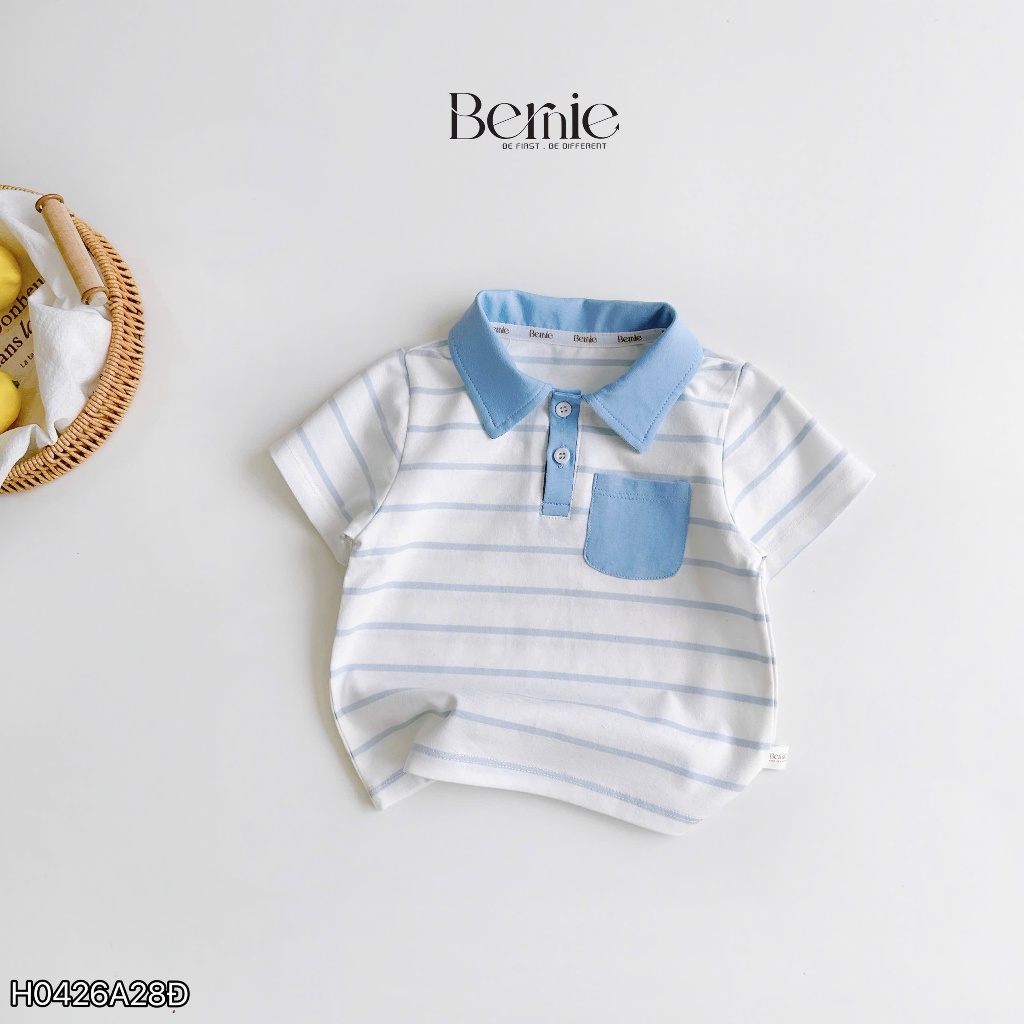 Áo polo cổ đức họa tiết kẻ ngang phối túi ốp, áo polo cotton cổ đức bé trai mềm mát