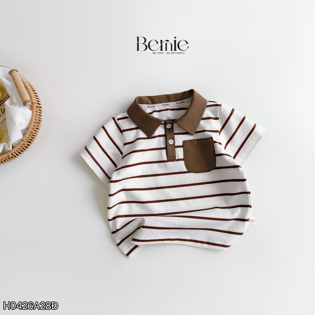 Áo polo cổ đức họa tiết kẻ ngang phối túi ốp, áo polo cotton cổ đức bé trai mềm mát
