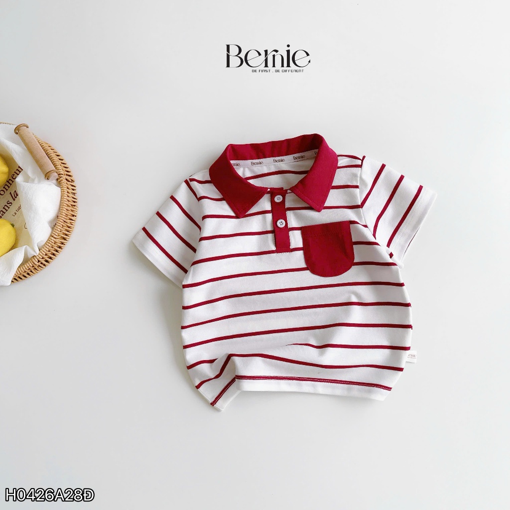 Áo polo cổ đức họa tiết kẻ ngang phối túi ốp, áo polo cotton cổ đức bé trai mềm mát