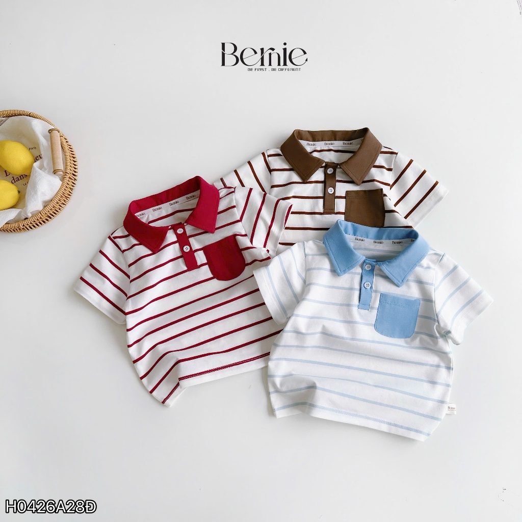 Áo polo cổ đức họa tiết kẻ ngang phối túi ốp, áo polo cotton cổ đức bé trai mềm mát