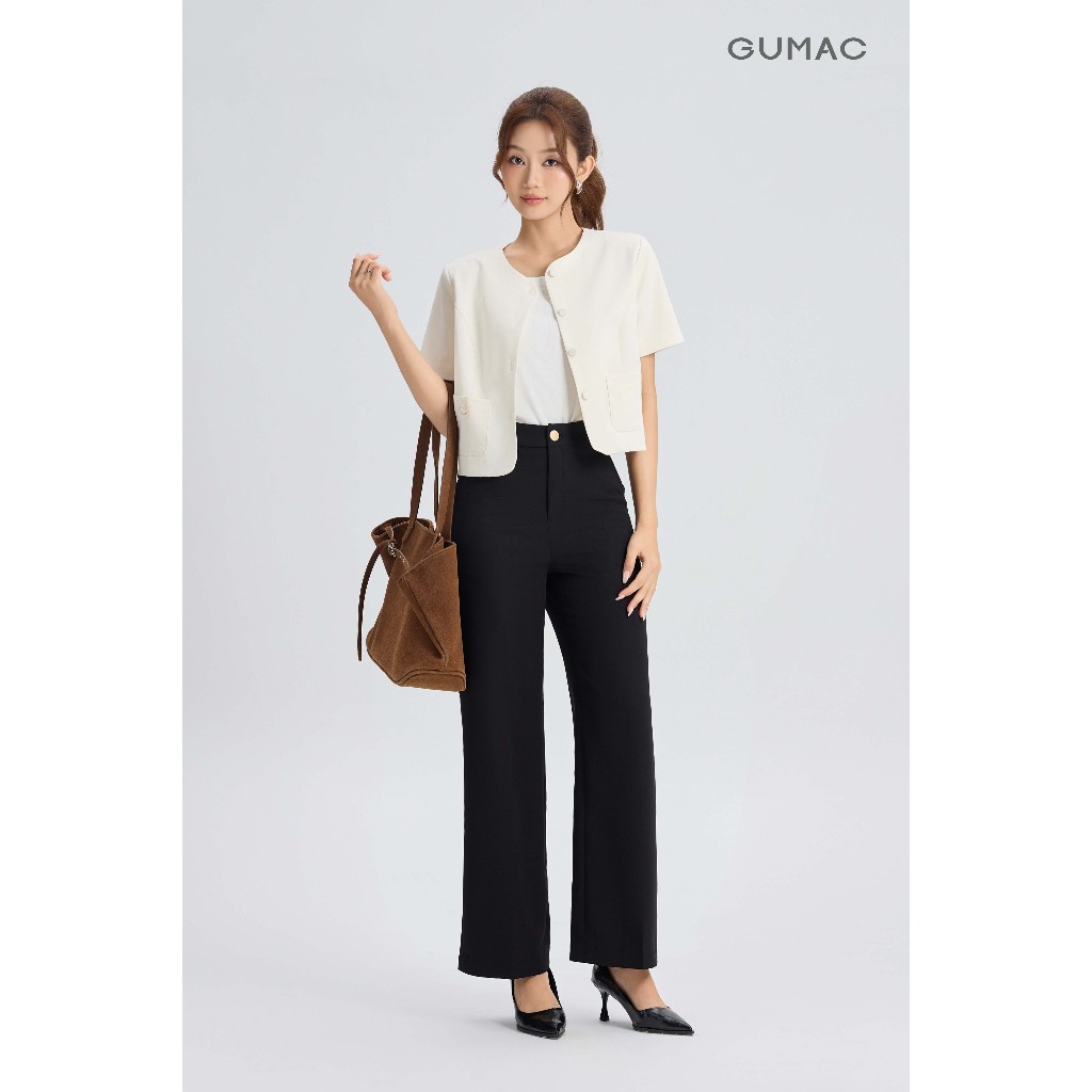Áo Khoác Blazer Nữ Tay Ngắn GUMAC Form Suông Lửng Cổ Tròn Chất Cotton Xược Đứng Form Có Lớp Lót OWG05056