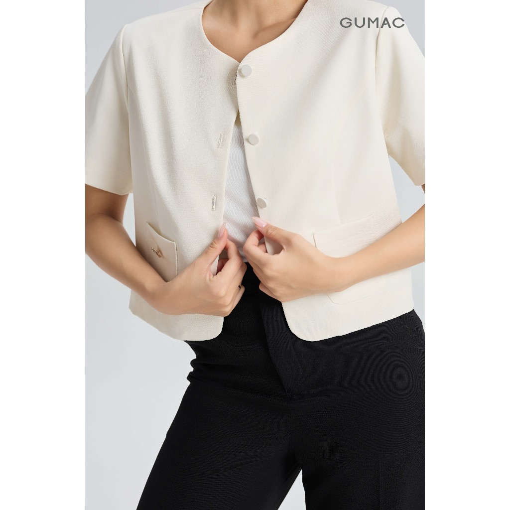 Áo Khoác Blazer Nữ Tay Ngắn GUMAC Form Suông Lửng Cổ Tròn Chất Cotton Xược Đứng Form Có Lớp Lót OWG05056