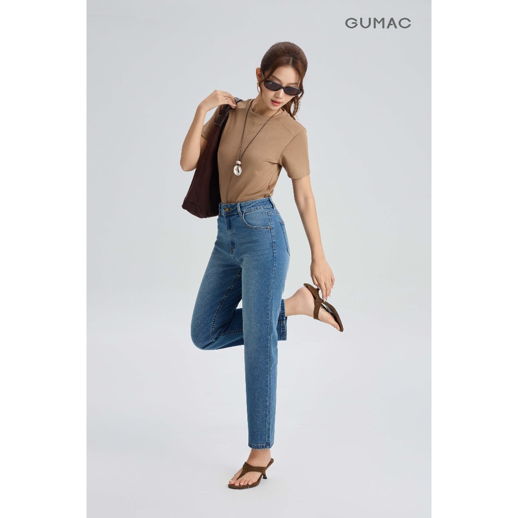 Quần Jeans Nữ GUMAC Form Ống Ôm Co Giãn Bảng Lưng Con Đỉa Nút Logo Sang Trọng QJG07090
