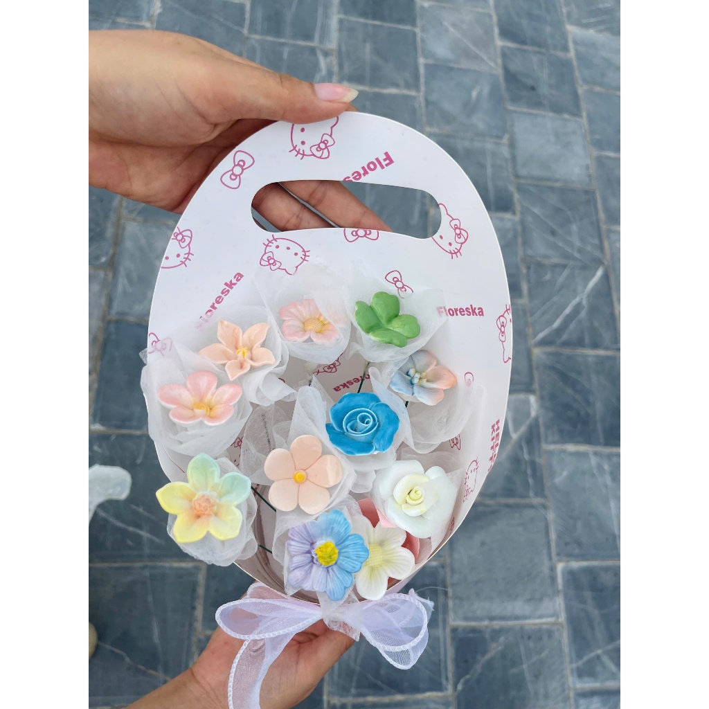 Set Hoa Gốm Sứ DIY 11 Bông Kèm Phụ Kiện Gói Hoa - Hoa Gốm Trang Trí Bàn Làm Việc, Kệ Sách, Phòng Khách