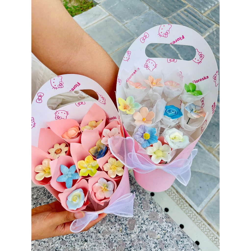 Set Hoa Gốm Sứ DIY 11 Bông Kèm Phụ Kiện Gói Hoa - Hoa Gốm Trang Trí Bàn Làm Việc, Kệ Sách, Phòng Khách