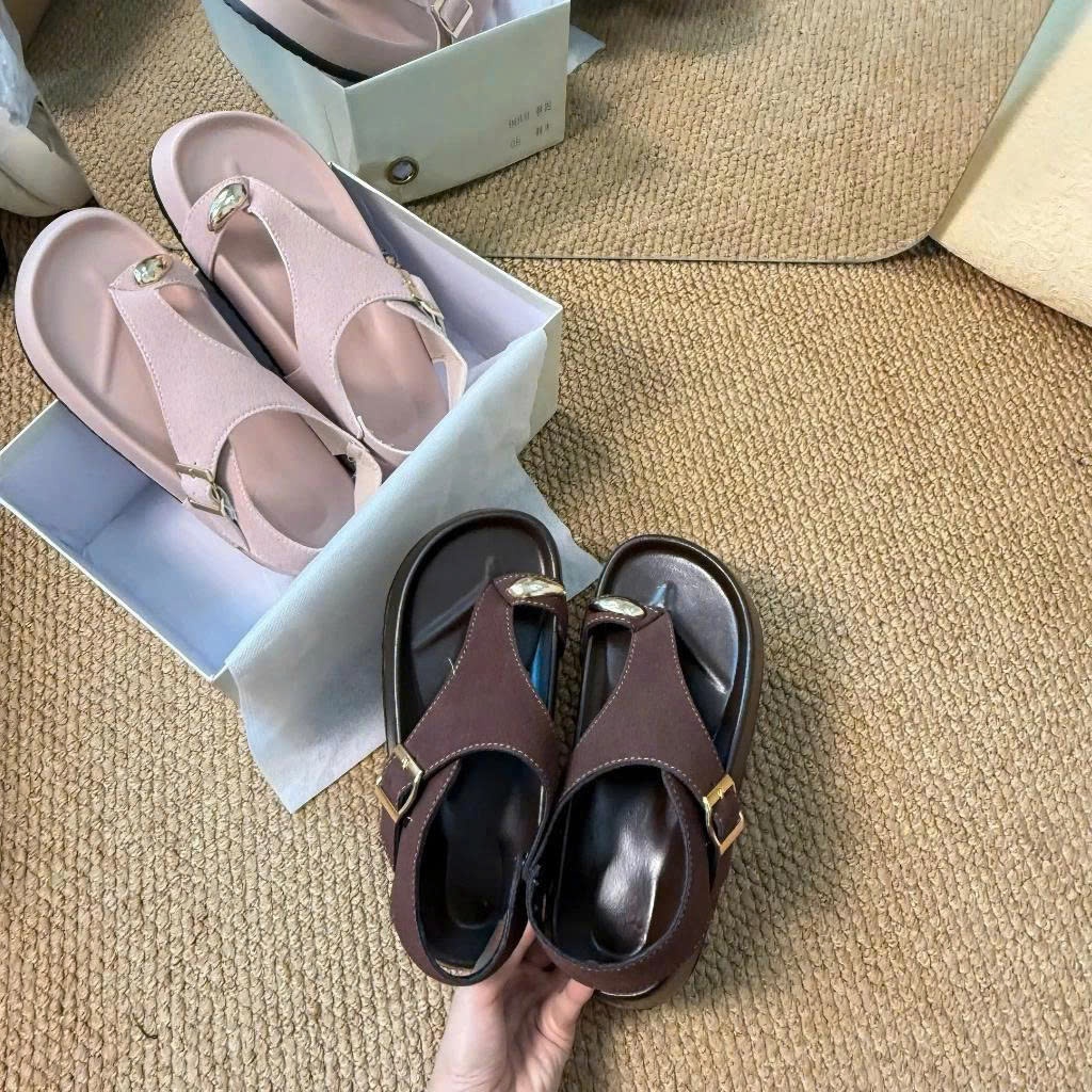 Sandal Xỏ Ngón, Dép Xỏ Ngón Ba Màu Nâu Kem Hồng Quai Cài N69 || Anshoes Dynasty
