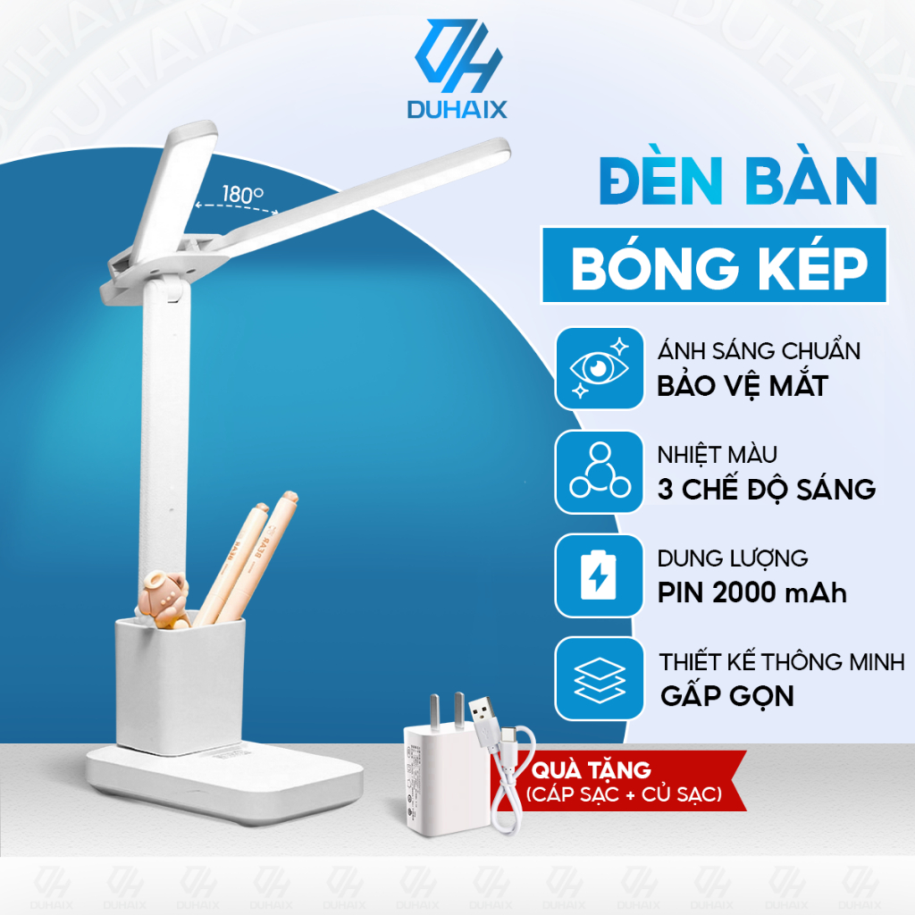 Đèn học để bàn chống cận bảo vệ mắt,Bóng kép, Tích điện 2000mAh, 3 chế độ ánh sáng, Hộp bút, Giá đỡ ĐT BH 12th