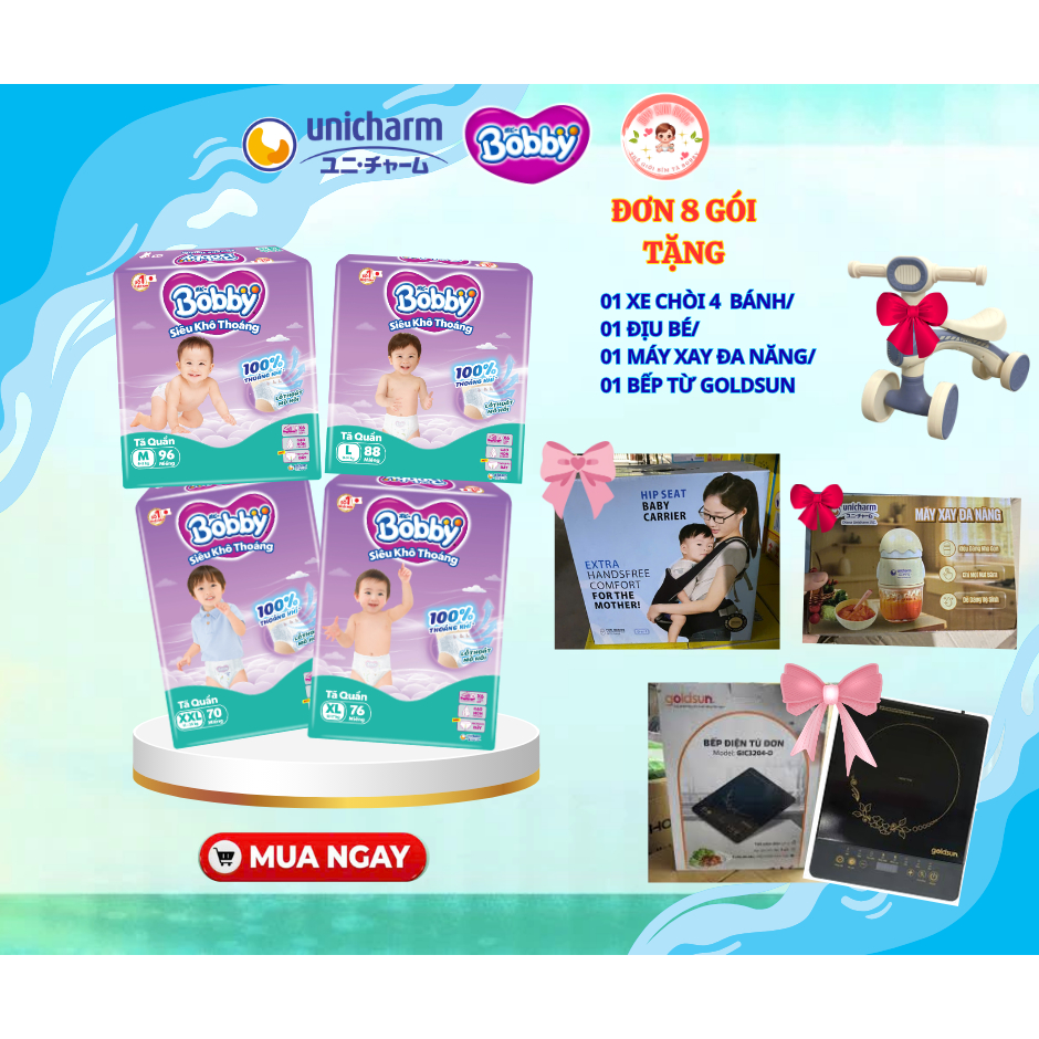 [MUA 8 GÓI BẤT KỲ TẶNG QUÀ] Tã/Bỉm quần Bobby siêu khô thoáng mẫu mới M96/ L88/ XL74/ XXL68- Kim Ngọc