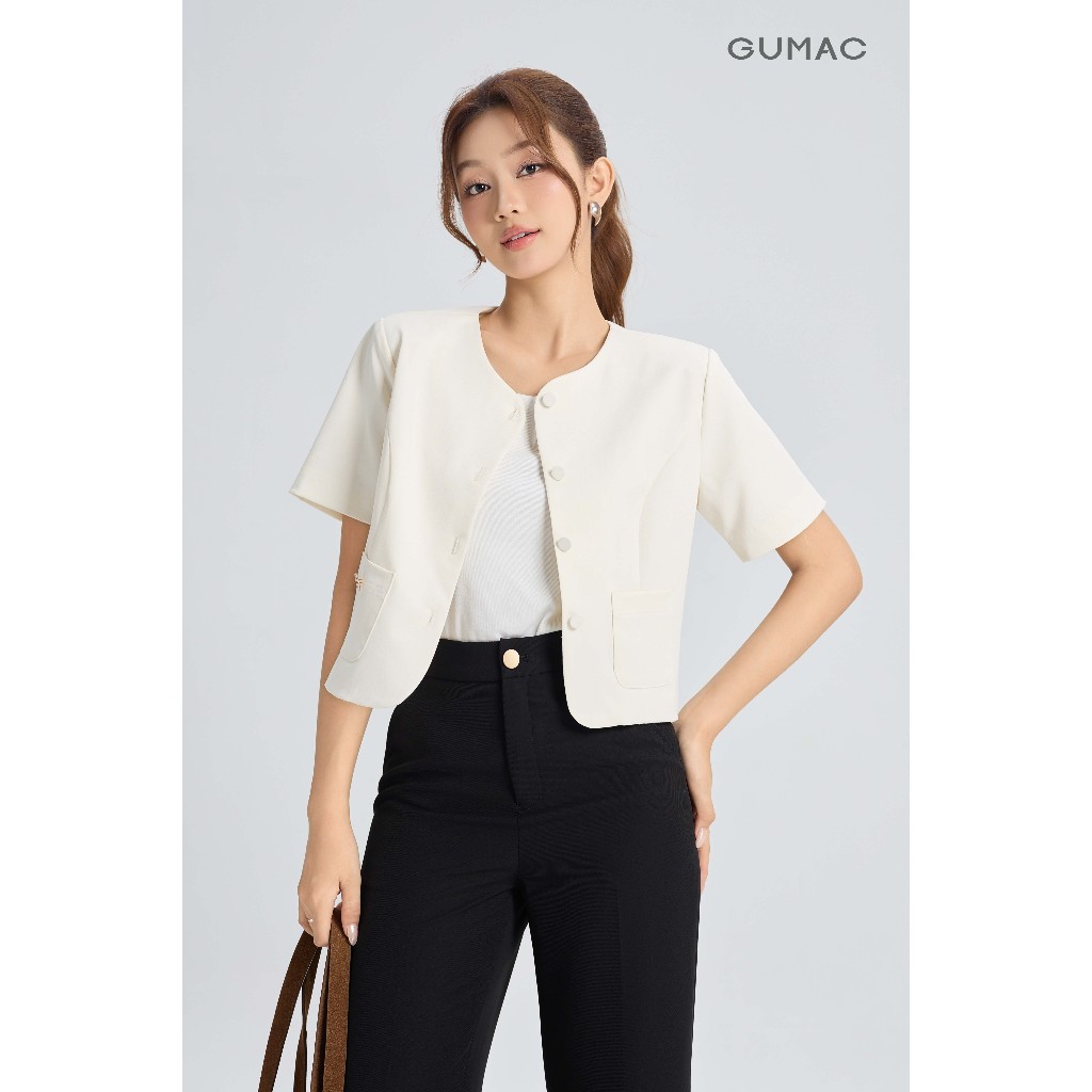 Áo Khoác Blazer GUMAC Form Lửng Tay Ngắn Nút Bọc Thanh Lịch OWG05056