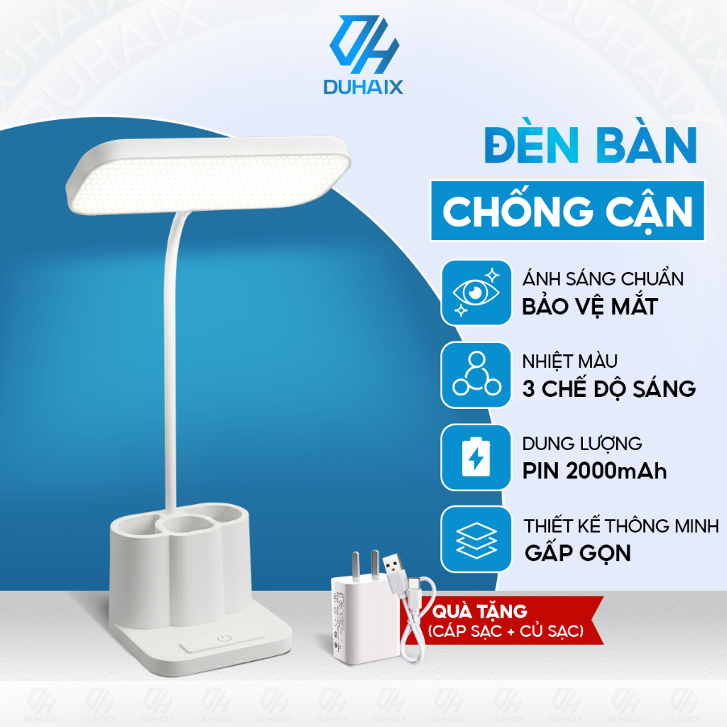 Đèn học để bàn chống cận bảo vệ mắt, Tích điện 2000mAh, 3 chế độ ánh sáng, Tích hợp hộp bút 3 ngăn, BH 12th