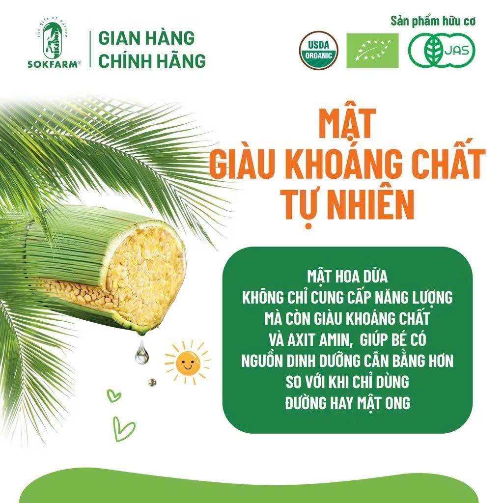 Mật Hoa Dừa Cô Đặc Hữu Cơ Sokfarm Cho Bé 65g, 250g. Giàu Khoáng Chất, Vị Ngọt Tự Nhiên