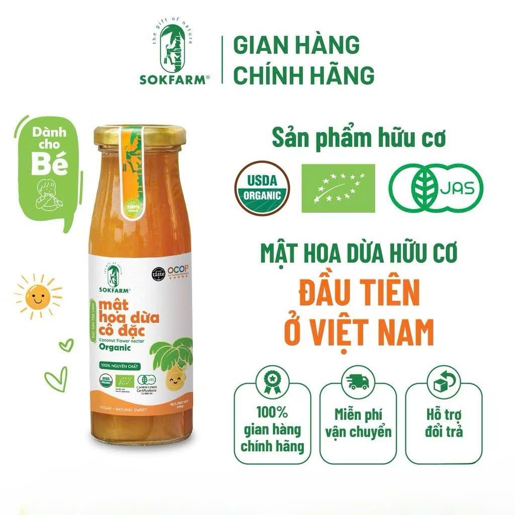 Mật Hoa Dừa Cô Đặc Hữu Cơ Sokfarm Cho Bé 65g, 250g. Giàu Khoáng Chất, Vị Ngọt Tự Nhiên