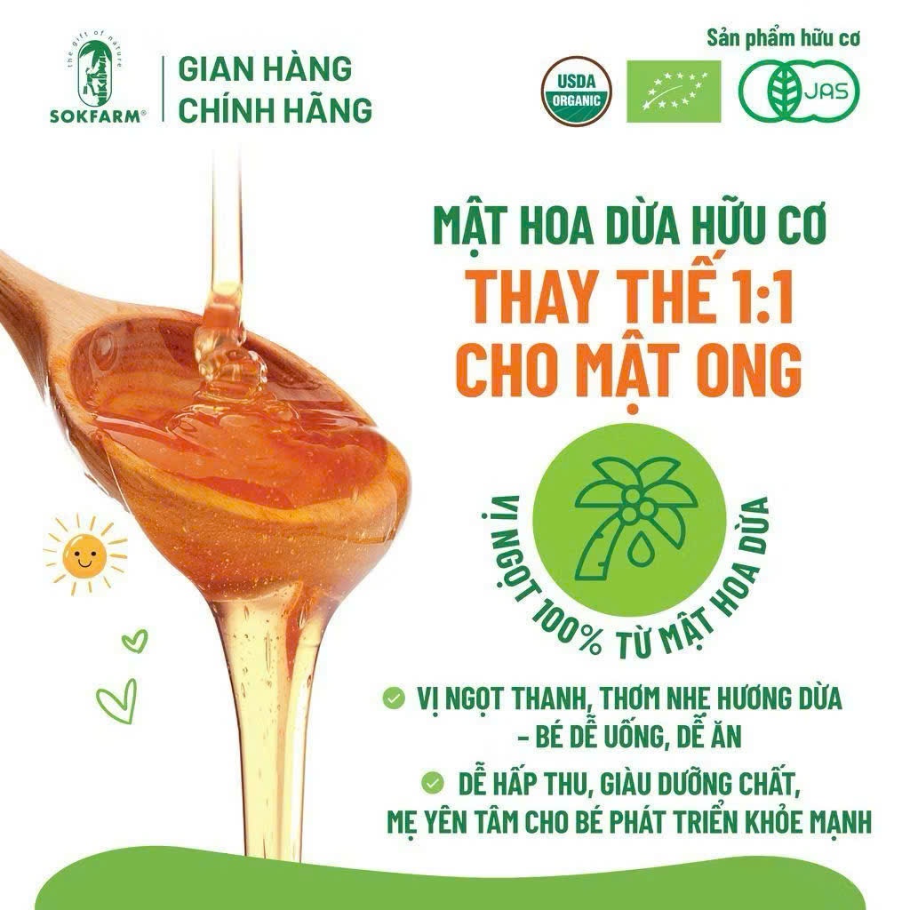 Mật Hoa Dừa Cô Đặc Hữu Cơ Sokfarm Cho Bé 65g, 250g. Giàu Khoáng Chất, Vị Ngọt Tự Nhiên