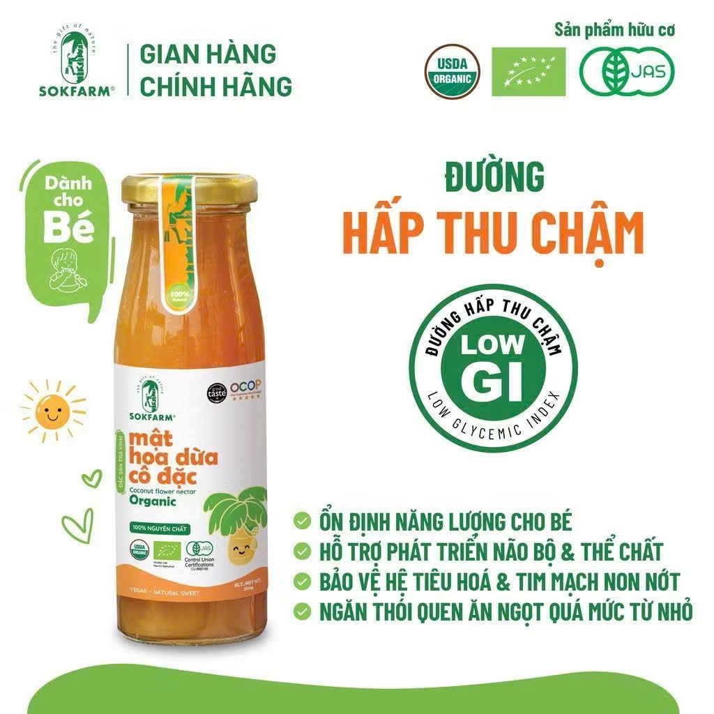 Mật Hoa Dừa Cô Đặc Hữu Cơ Sokfarm Cho Bé 65g, 250g. Giàu Khoáng Chất, Vị Ngọt Tự Nhiên