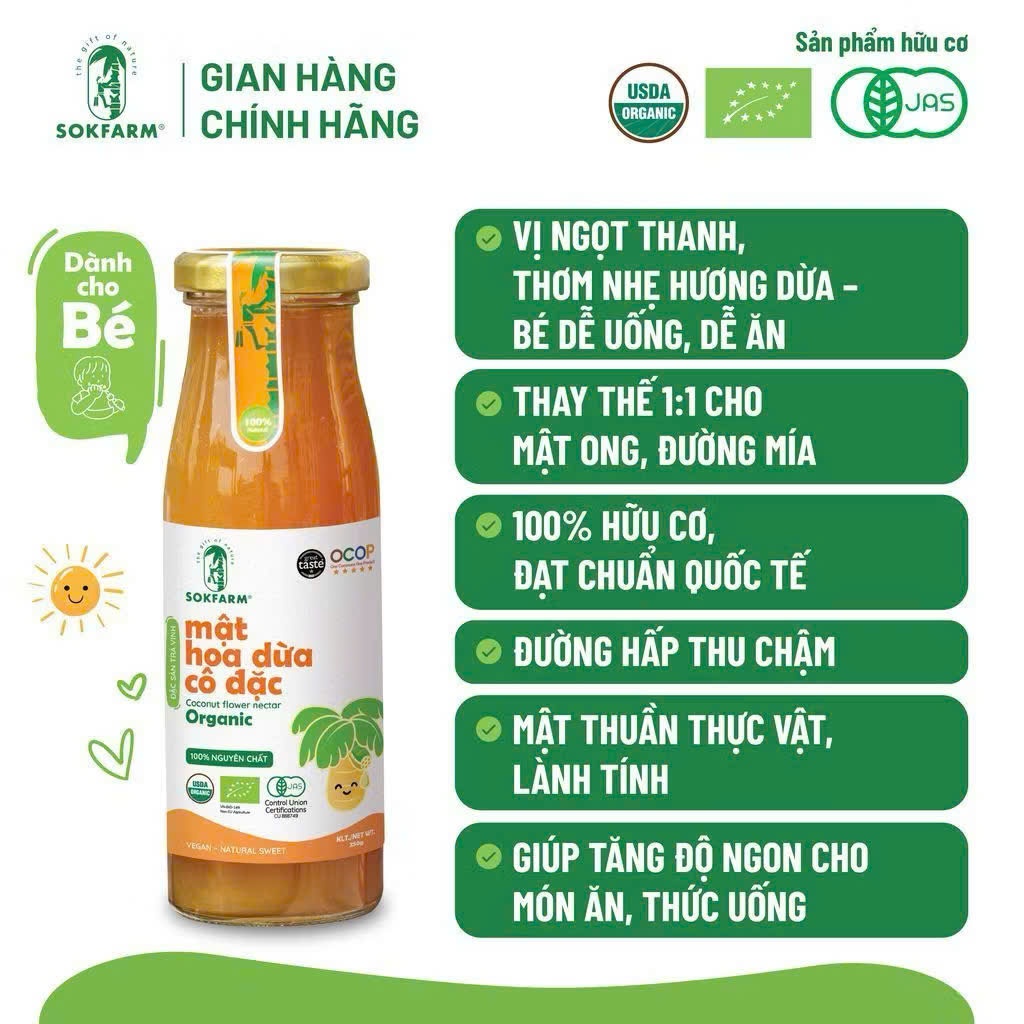Mật Hoa Dừa Cô Đặc Hữu Cơ Sokfarm Cho Bé 65g, 250g. Giàu Khoáng Chất, Vị Ngọt Tự Nhiên