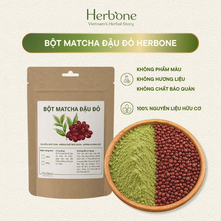 Bột Trà Xanh Matcha Đậu Đỏ HERBONE Dưỡng Da Sáng Mịn, Tẩy Da Chết, Ngăn Ngừa Lão Hóa Body & Mặt 100g - 500g