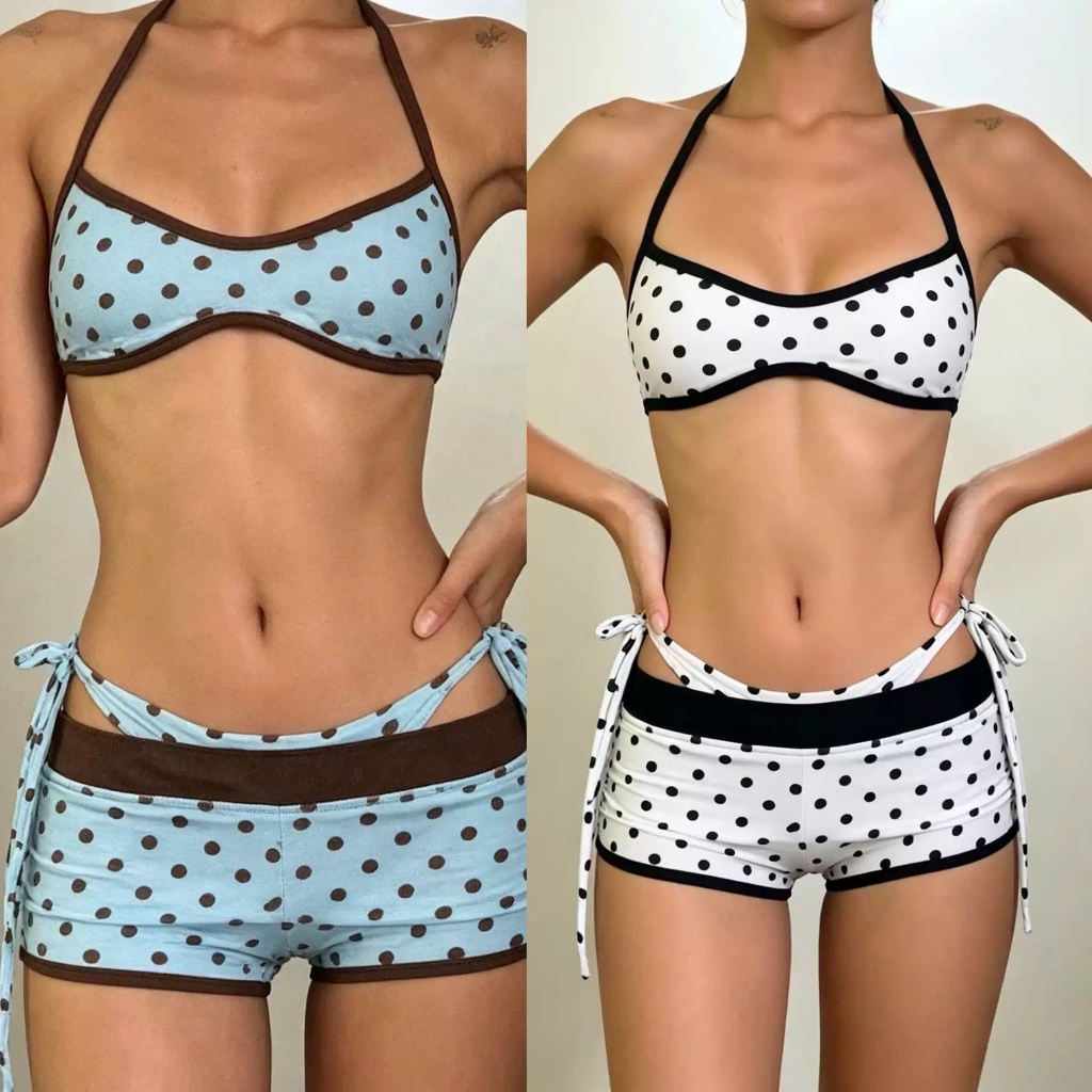 (sẵn S xanh)Set bộ bikini 3 món chấm bi xanh tiffany trắng gồm hai mảnh và short BKN008 - Tiktik