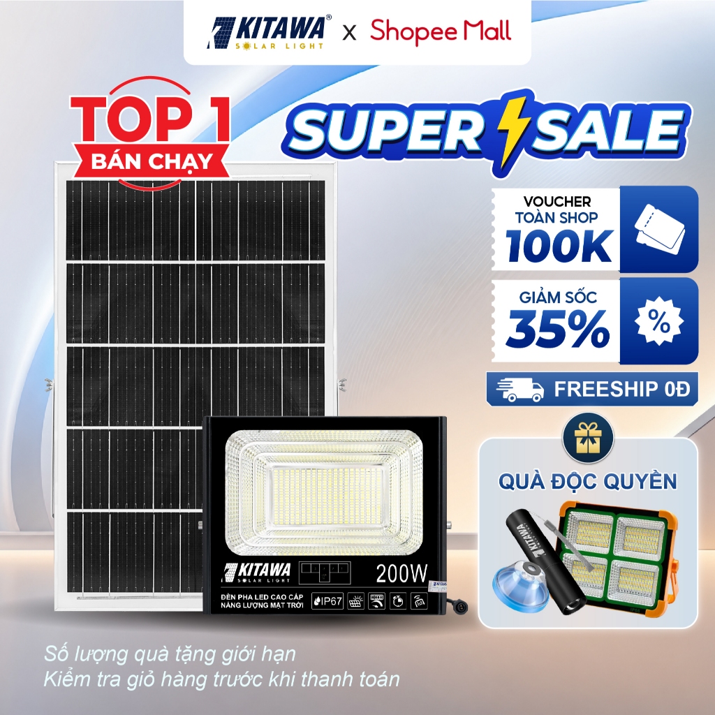 Đèn Pha Năng Lượng Mặt Trời Kitawa 200W DP1200, Bảo Hành 3 Năm, Chống Nước Chống Bụi IP67
