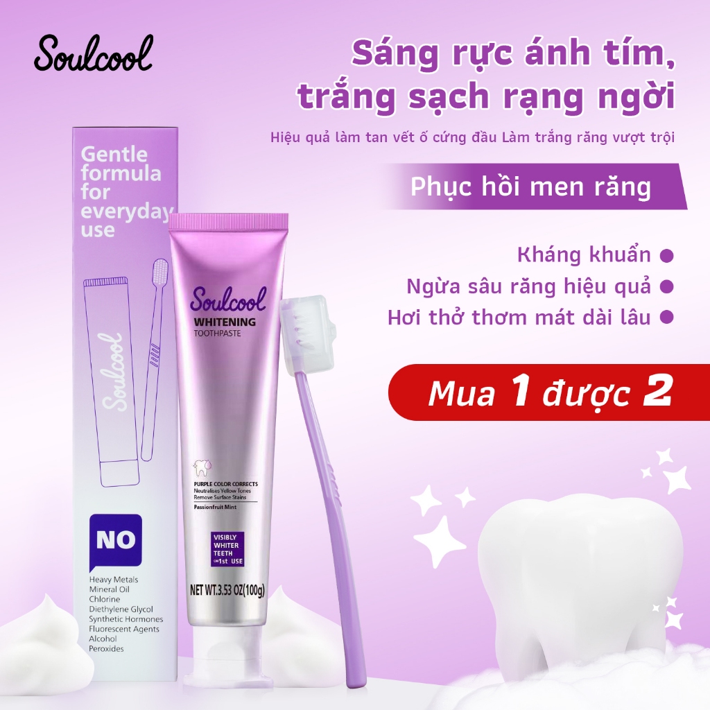 Soulcool Kem đánh răng làm trắng răng – 100g – Làm trắng tự nhiên, chống vi khuẩn, giảm nhạy cảm, kiểm soát hơi thở