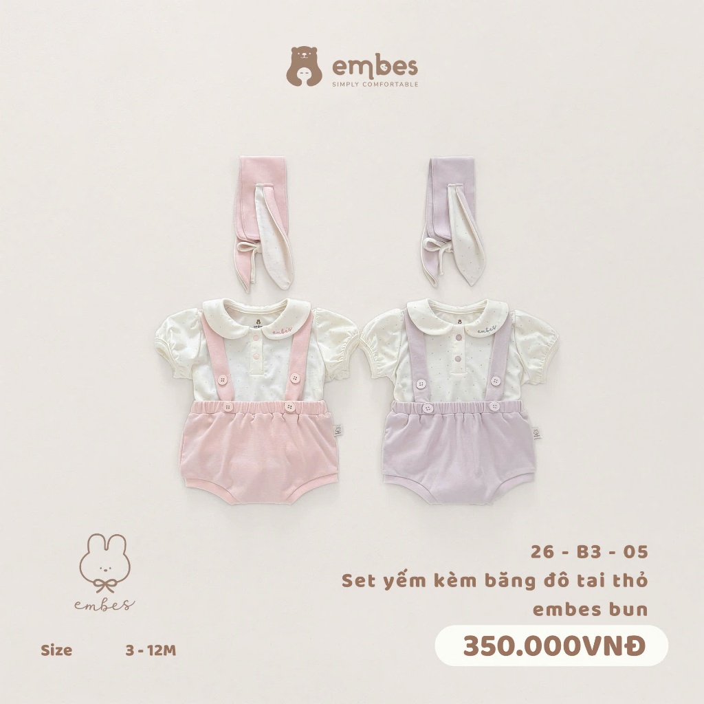 Set Yếm Bé Gái Embes, Set Yếm Phối Áo Cộc Kèm Băng Đô Tai Thỏ Chất Mềm Mại Cho Bé Gái Từ 3-12 Tháng