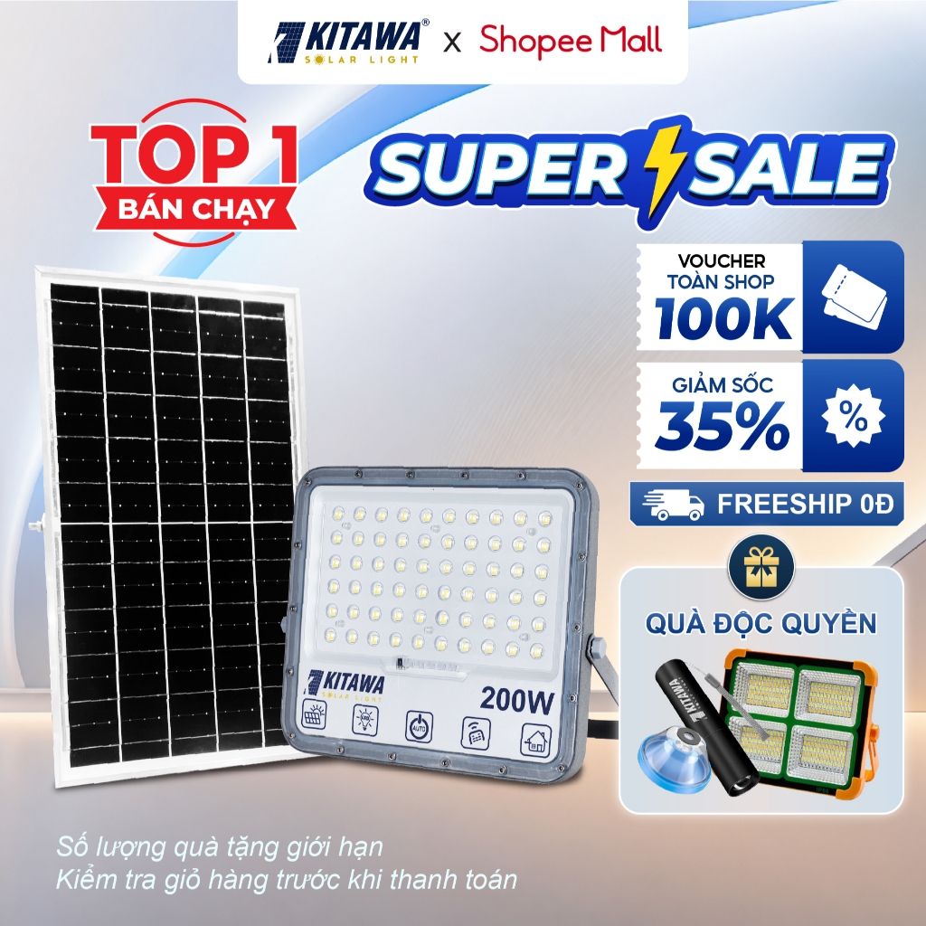 Đèn pha năng lượng mặt trời 200W chống chói KITAWA - DP15.200 Thiết Kế Nhôm Đúc Bền Bỉ, Chống Nước
