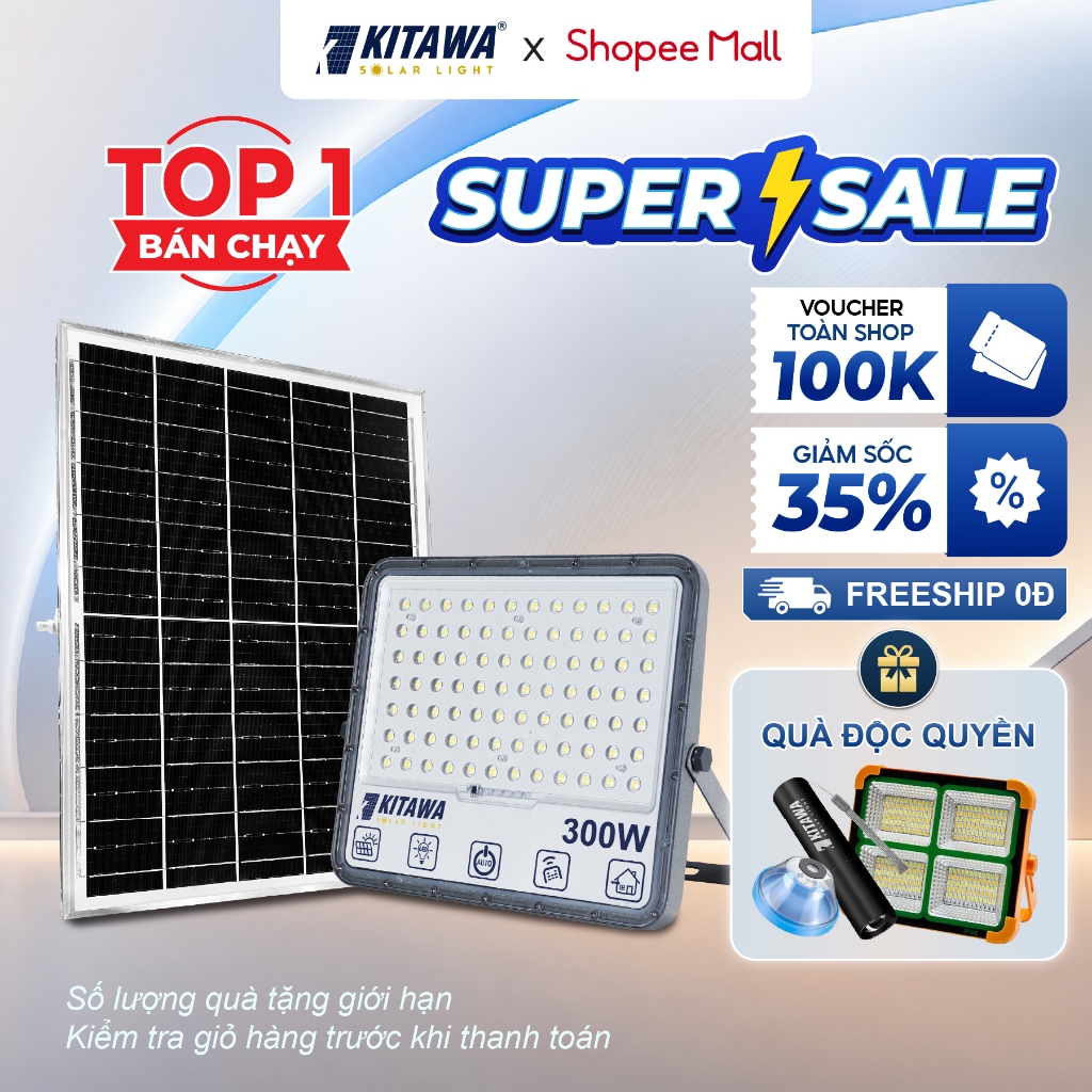 Đèn pha năng lượng mặt trời 300W chống chói, thiết kế nhôm đúc cứng cáp, chiếu sáng xuyên đêm