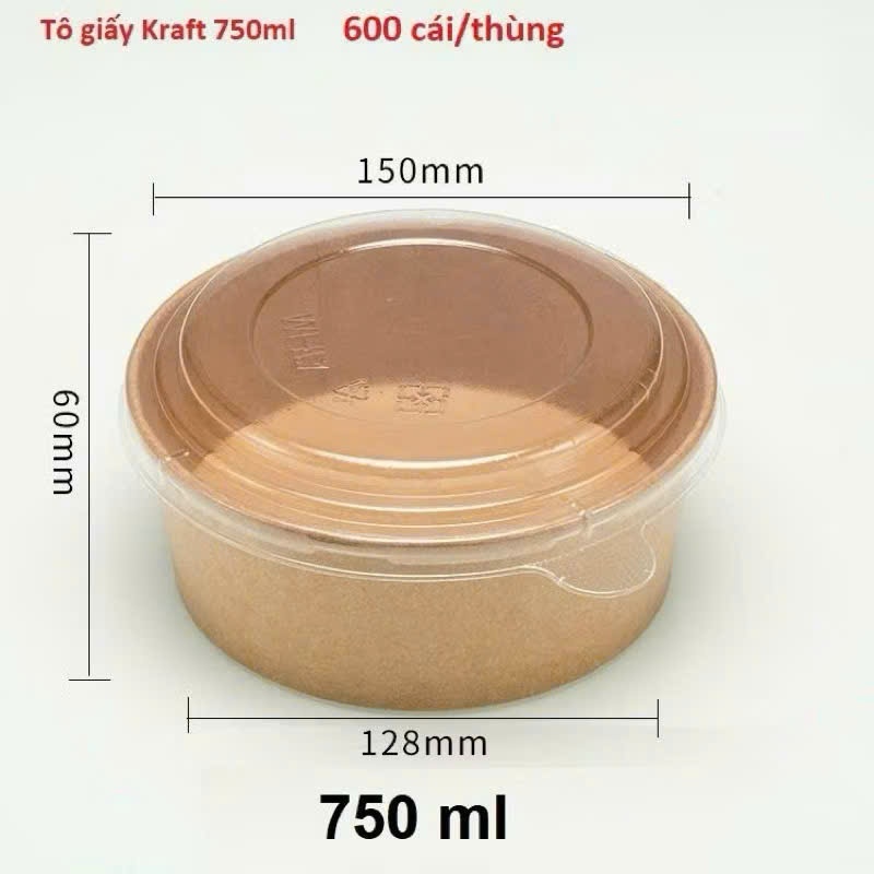 Set 100 tô giấy nâu  Kraft 1 cao cấp 500ml 750ml 1000ml kèm nắp