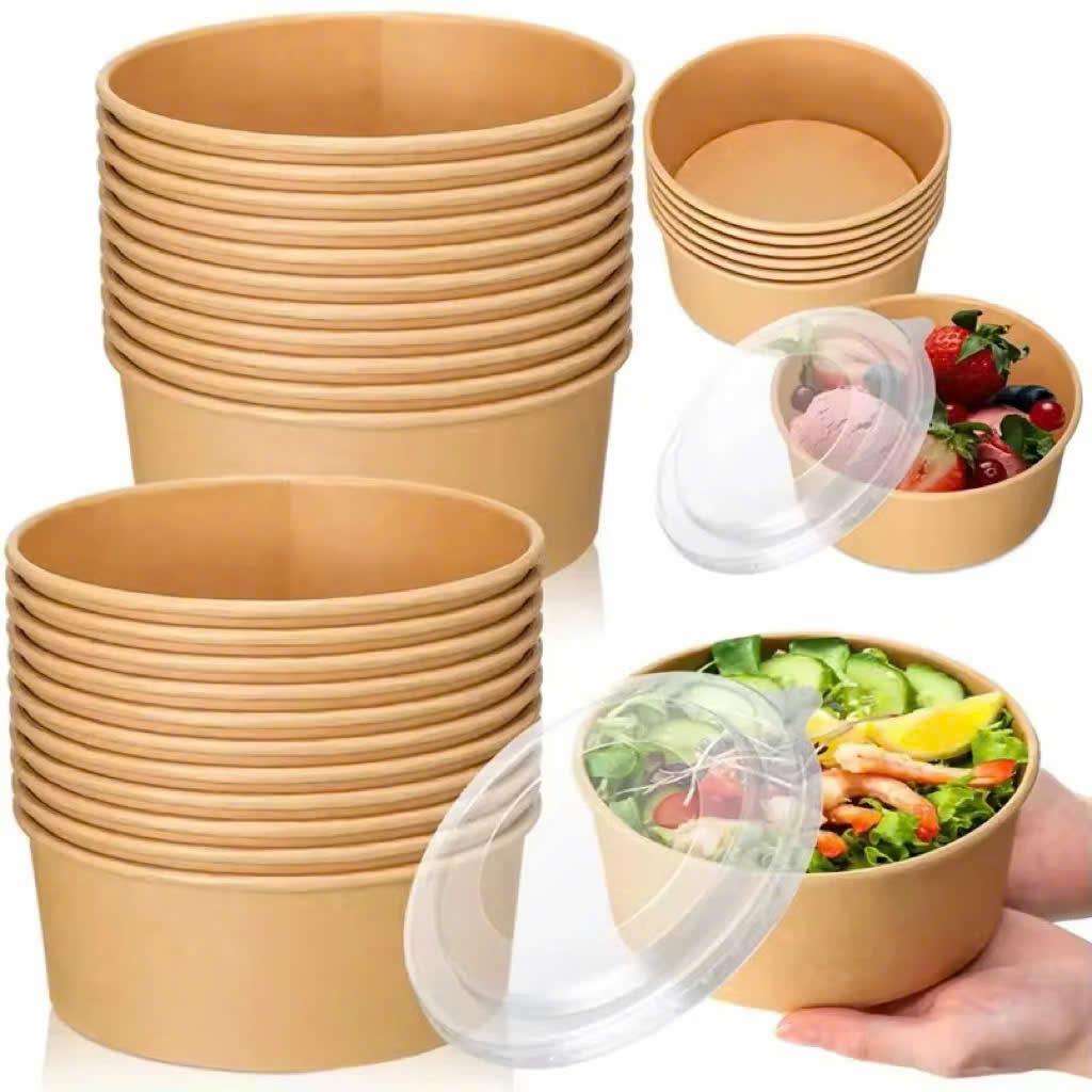 Set 100 tô giấy nâu  Kraft 1 cao cấp 500ml 750ml 1000ml kèm nắp