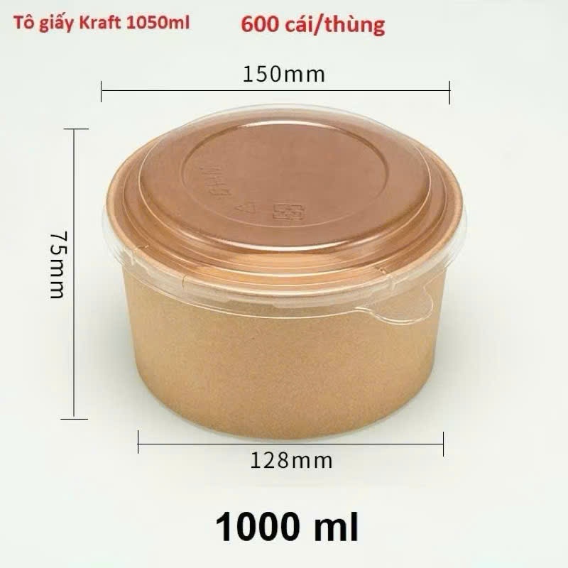Set 100 tô giấy nâu  Kraft 1 cao cấp 500ml 750ml 1000ml kèm nắp