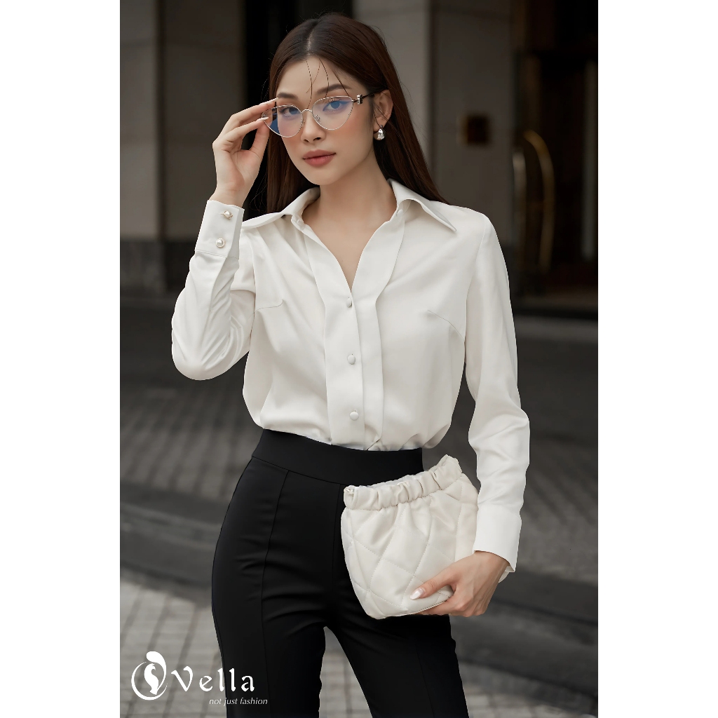 Vella Fashion Quần culottes đen công sở nữ ống suông loe, áo sơ mi lụa trắng VQ23089 VA24061