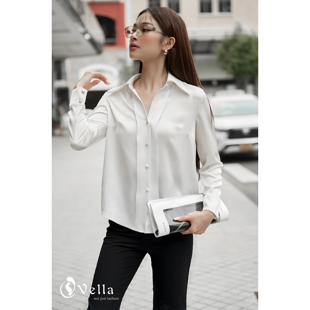 Vella Fashion Quần culottes đen công sở nữ ống suông loe, áo sơ mi lụa trắng VQ23089 VA24061