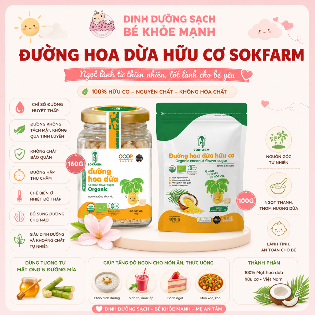 Đường Hoa Dừa Hữu Cơ Sokfarm Cho Bé 100g, 160g. Nhiều Khoáng Chất, Chỉ Số Đường Huyết Thấp