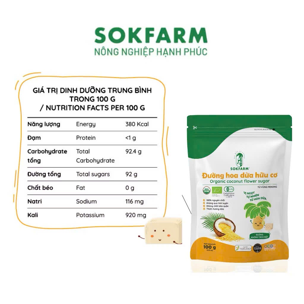 Đường Hoa Dừa Hữu Cơ Sokfarm Cho Bé 100g, 160g. Nhiều Khoáng Chất, Chỉ Số Đường Huyết Thấp