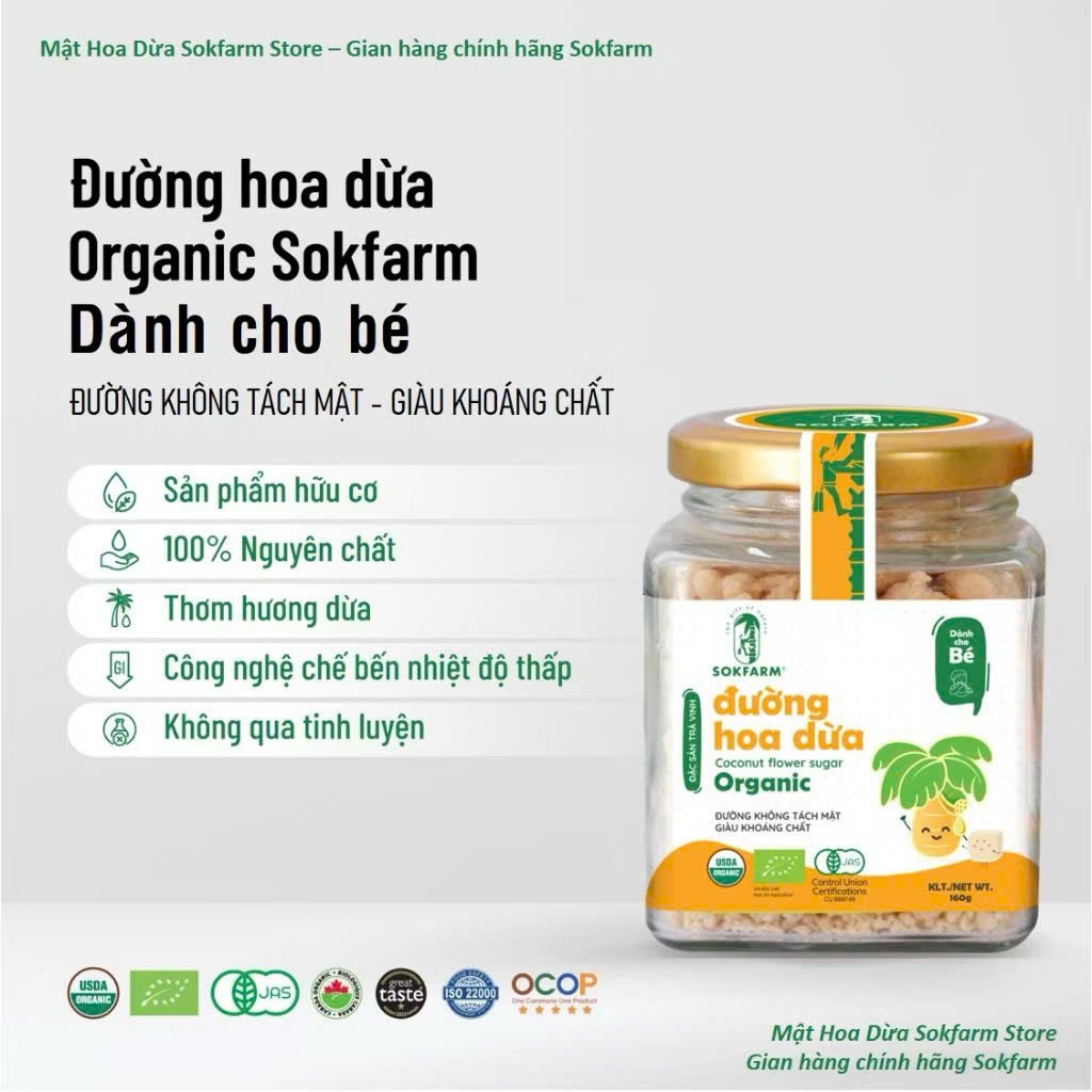 Đường Hoa Dừa Hữu Cơ Sokfarm Cho Bé 100g, 160g. Nhiều Khoáng Chất, Chỉ Số Đường Huyết Thấp