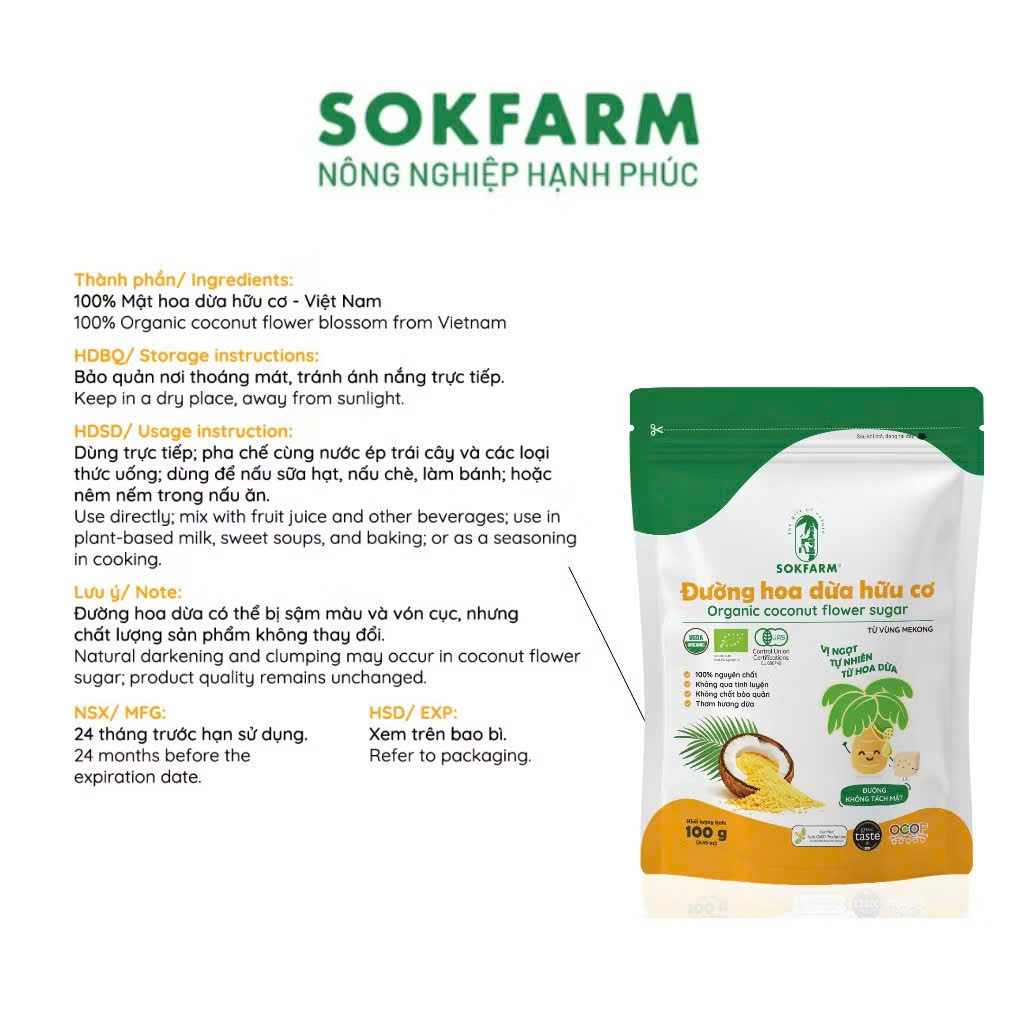 Đường Hoa Dừa Hữu Cơ Sokfarm Cho Bé 100g, 160g. Nhiều Khoáng Chất, Chỉ Số Đường Huyết Thấp