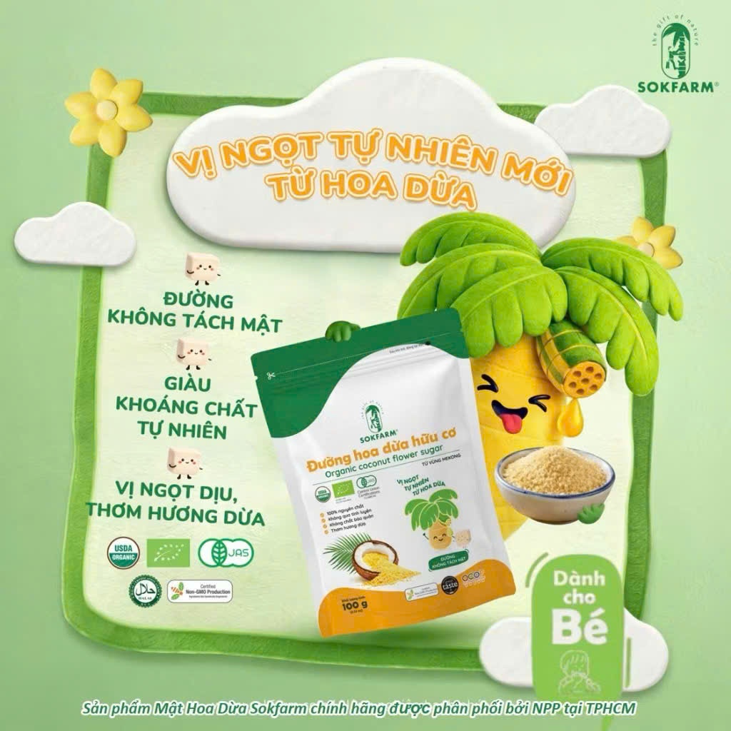 Đường Hoa Dừa Hữu Cơ Sokfarm Cho Bé 100g, 160g. Nhiều Khoáng Chất, Chỉ Số Đường Huyết Thấp