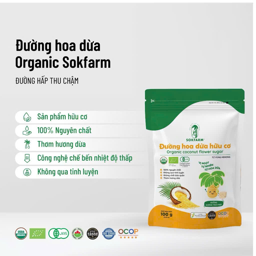 Đường Hoa Dừa Hữu Cơ Sokfarm Cho Bé 100g, 160g. Nhiều Khoáng Chất, Chỉ Số Đường Huyết Thấp